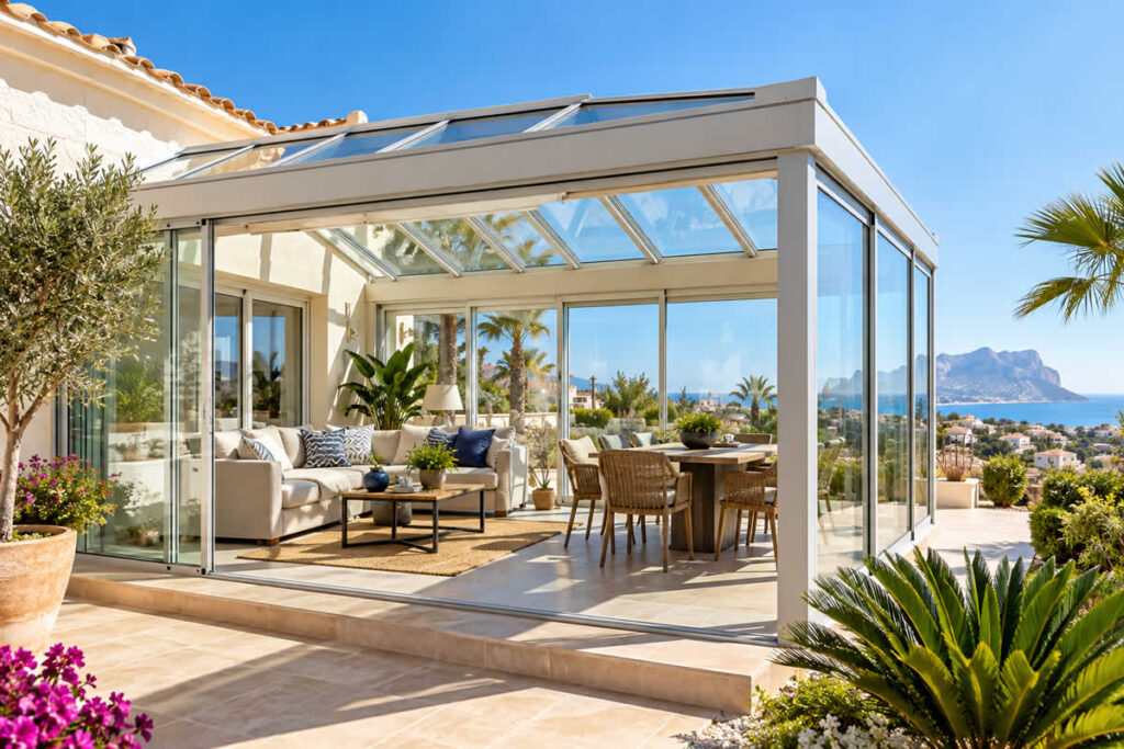 Jardim de inverno moderno na Costa Blanca, proporcionando espaço extra em uma villa mediterrânea.
